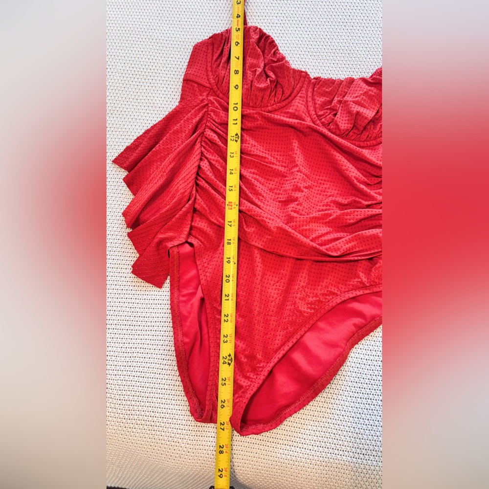 RHODE Ruched Tummy Embossed Dot Ruffle Red One Piece Swimsuit - Picture 13 of 13